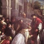 Pintura clásica que representa a San Valentín oficiando un matrimonio clandestino en la antigua Roma.