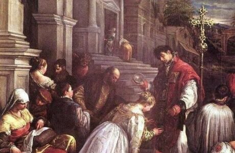 Pintura clásica que representa a San Valentín oficiando un matrimonio clandestino en la antigua Roma.