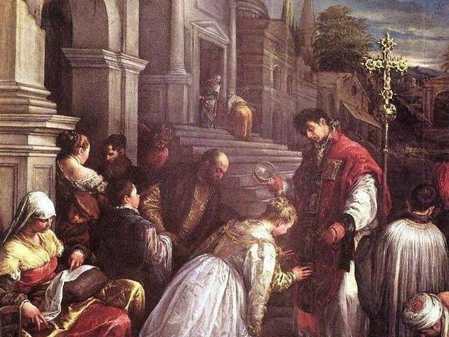 Pintura clásica que representa a San Valentín oficiando un matrimonio clandestino en la antigua Roma.